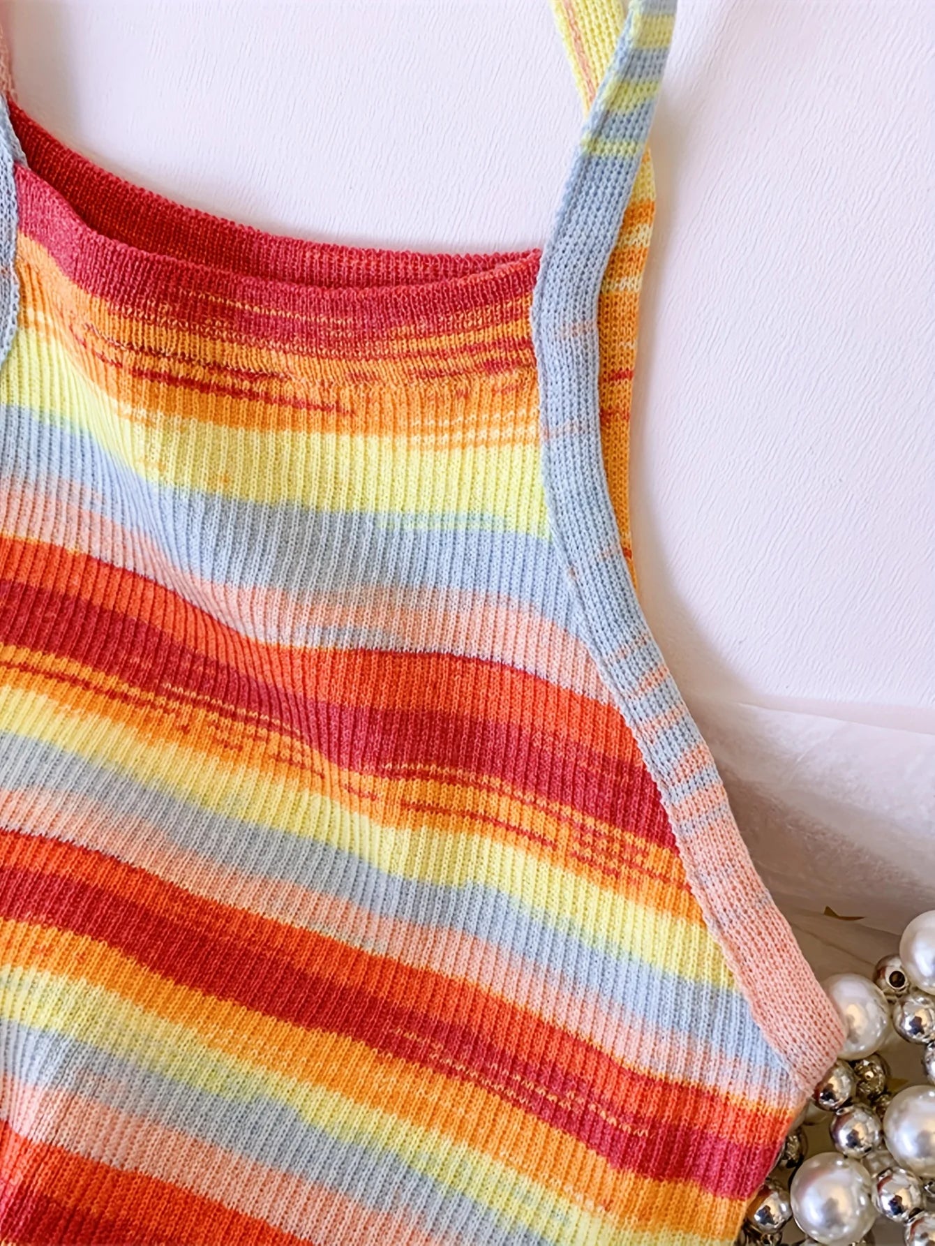 Knit Camis - 2024 Comfortable and Stylish Striped Ribbed Knit Cami Top for Women Sleeveless Square Neck Casual Top Rainbow Crop Top