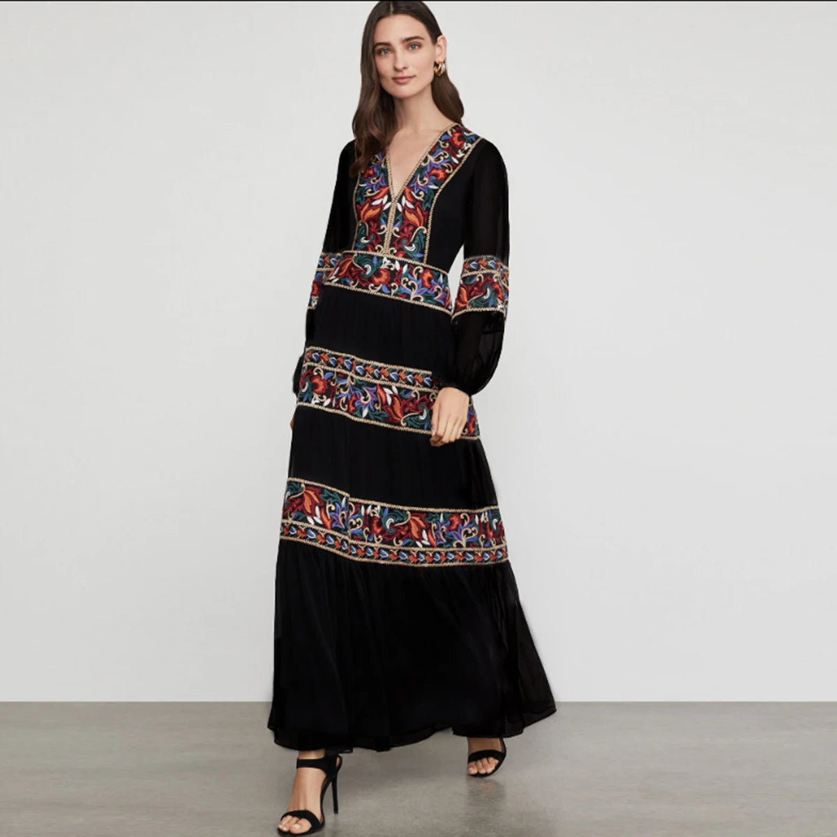 Kaftans - Jastie Embroidered Women Maxi Dress V-Neck Batwing Sleeve Loose Oversize Summer Dresses Drawstring Waist Boho Beach Vestidos