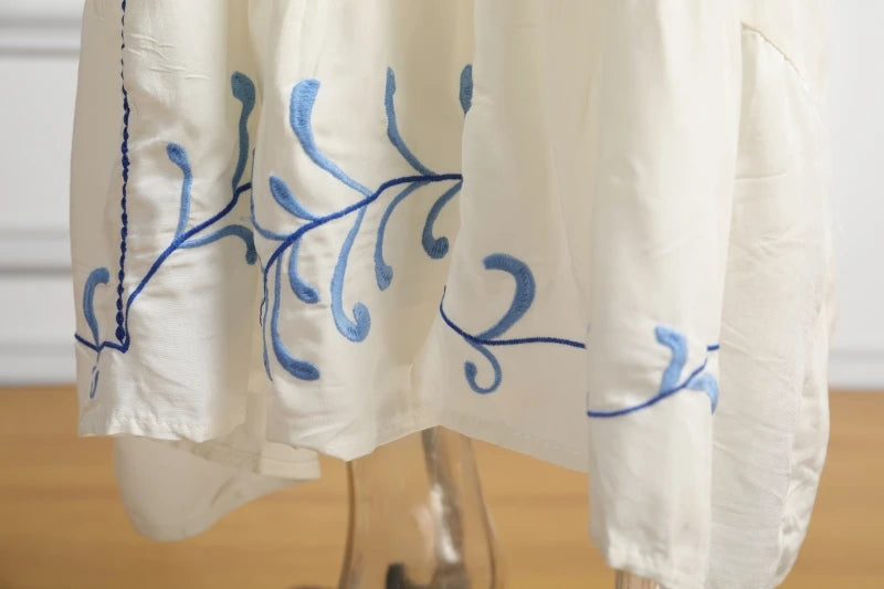 Kaftans - Jastie Embroidered Women Maxi Dress V-Neck Batwing Sleeve Loose Oversize Summer Dresses Drawstring Waist Boho Beach Vestidos