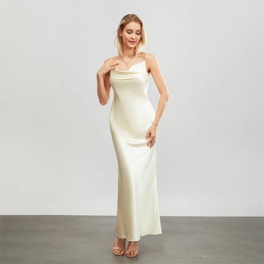 Satin Dresses - Backless Spaghetti Straps Party Long Dresses 2024 New Evening Gown Satin Vestidos Women's Cowl Neck Slip Wrap Dress