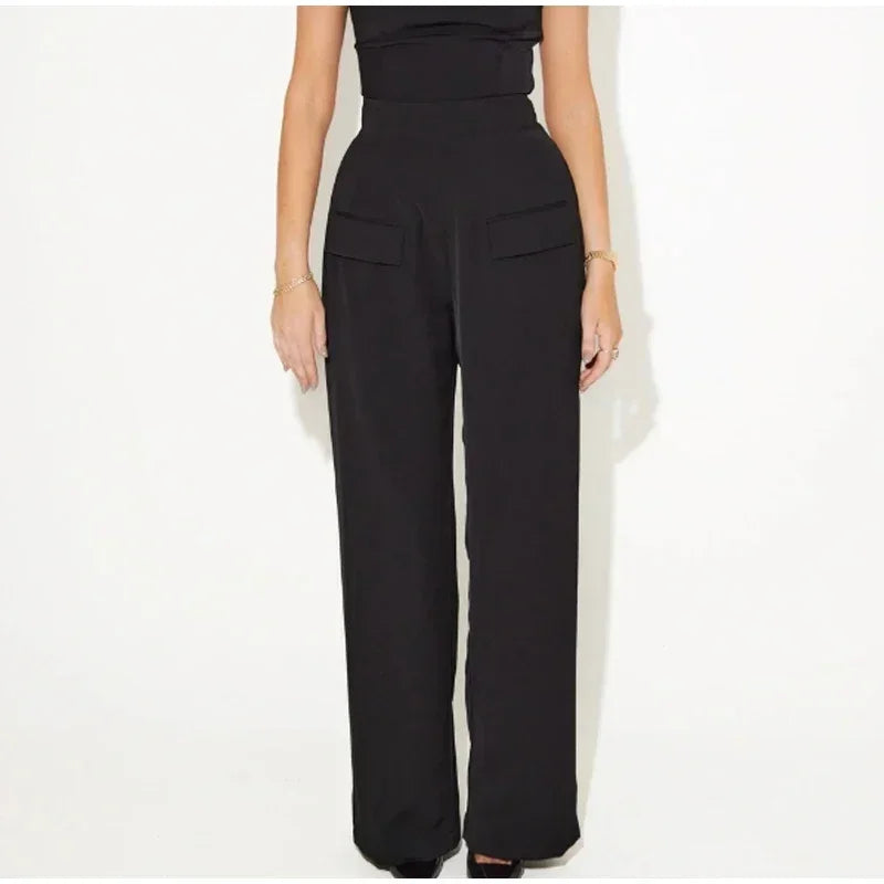 Pants Sets - Solid Square Collar Halter Vest Pants Sets Women Slim Backless Sleeveless Tops High Waist Wide Leg Pant 2025 Lady Office Outfit