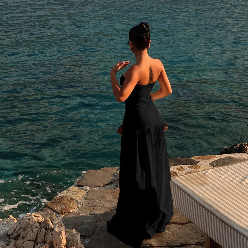 Vacation Dresses - Women's Beach Vacation Strapless Hollow Dress Solid Color Sleeveless Bodycon Maxi Dress Lady High Waist Splice 2025 New