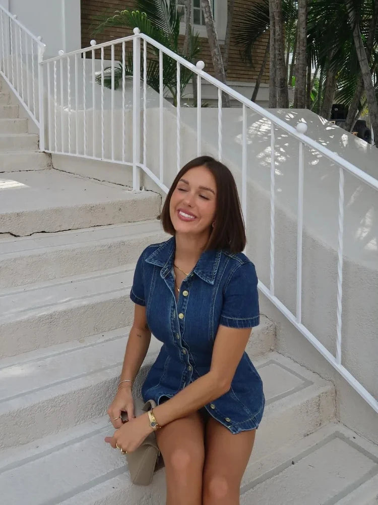 Skirt Sets - Retro Denim Slim Shirt Mini Skirt Woman's Set Classic Lapel Waist-cinching Short Sleeve Jackets A-lined Skirts Sets Female Chic