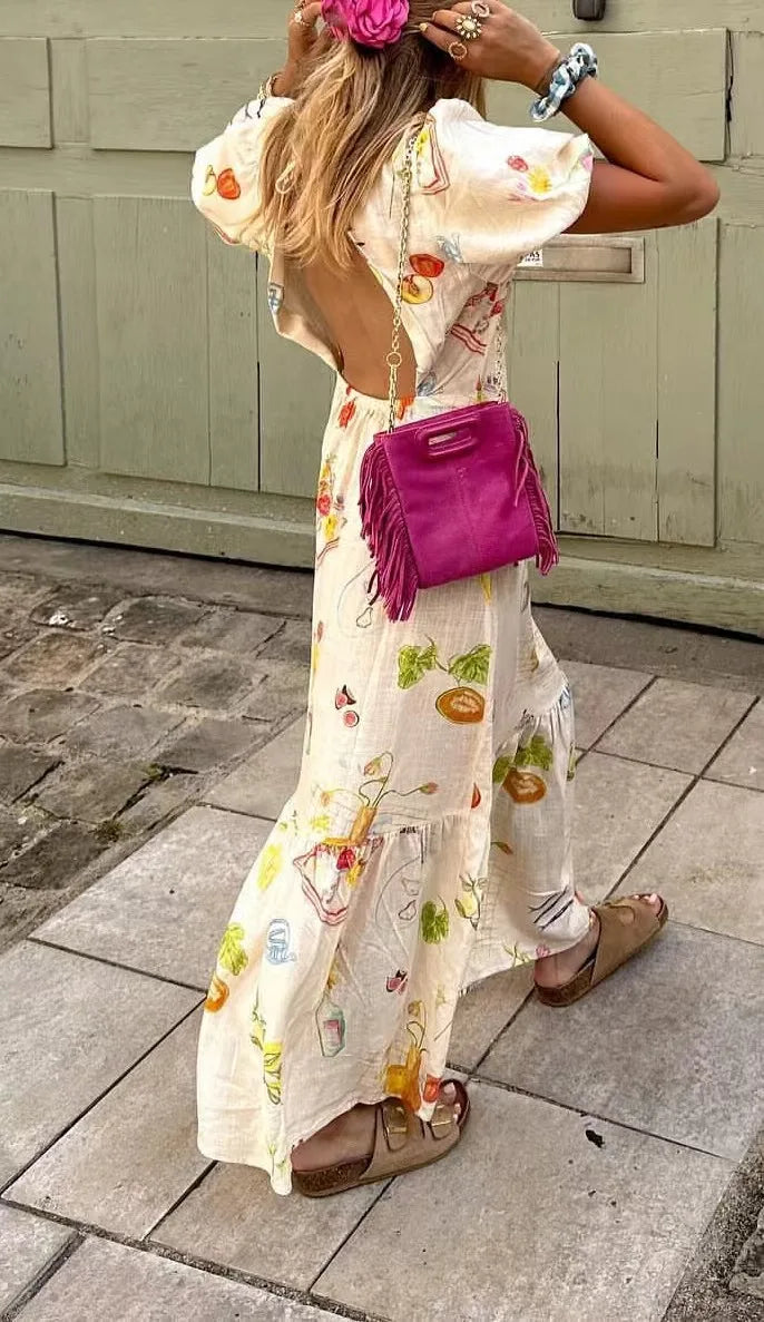 Casual Dresses - Women's European And American Style Fashion Slim Skirt Simple Printed Backless Short-Sleeved Dress