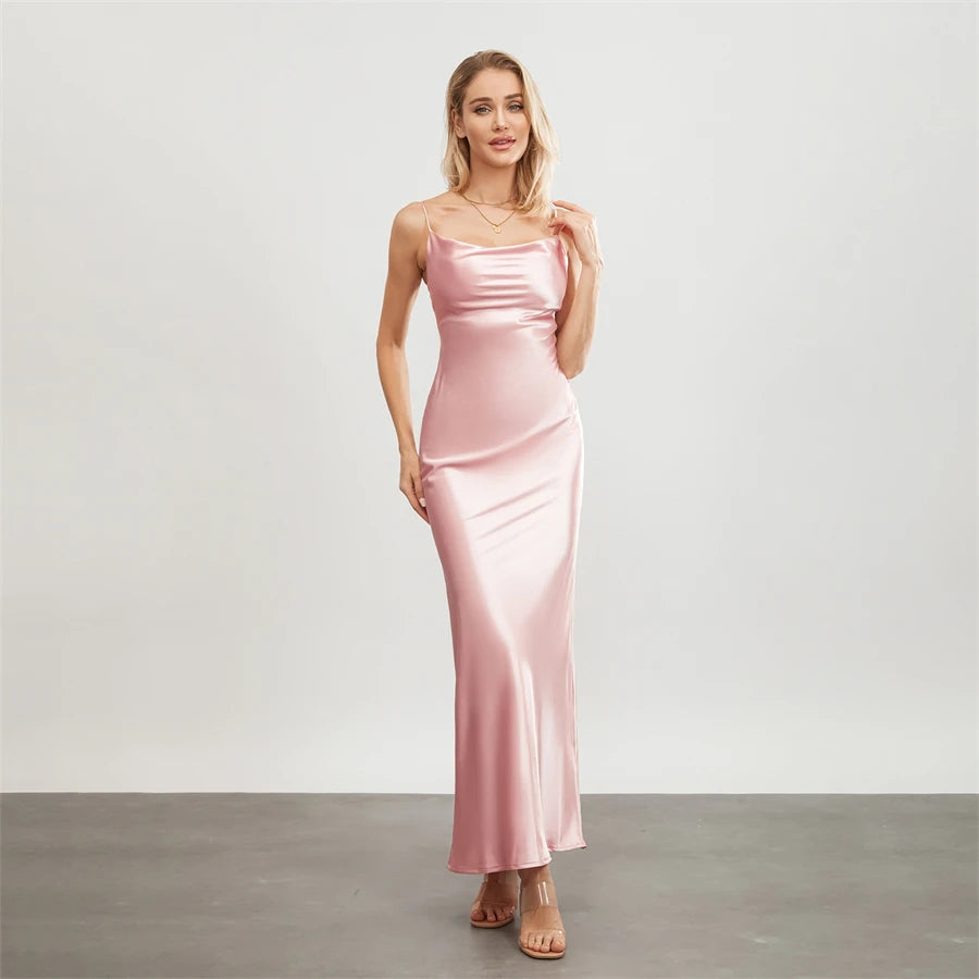 Satin Dresses - Backless Spaghetti Straps Party Long Dresses 2024 New Evening Gown Satin Vestidos Women's Cowl Neck Slip Wrap Dress
