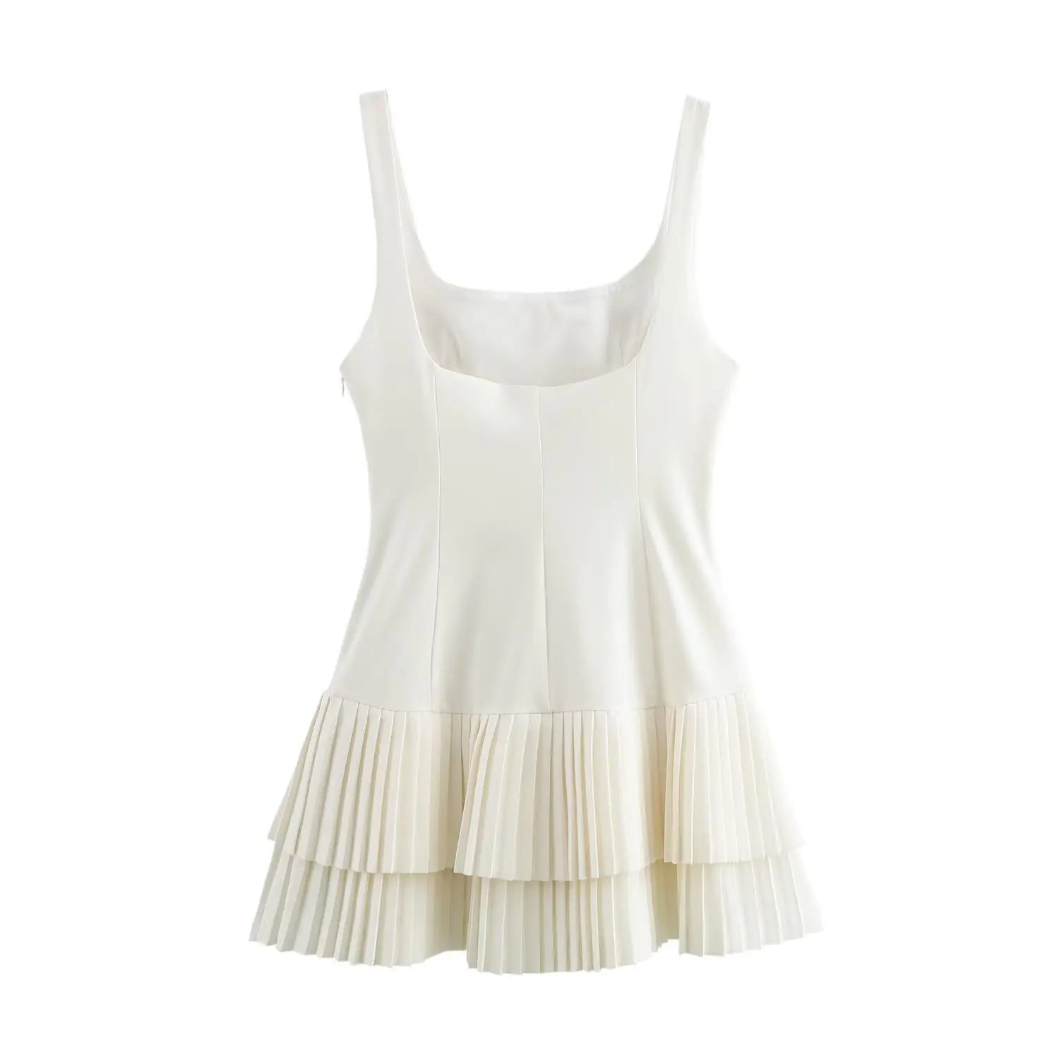 Mini Dresses - Women Fashion Square Collar Sleeveless Solid Mini Dress Female Summer Pleated Dress Chic High Street Slim Short Dress