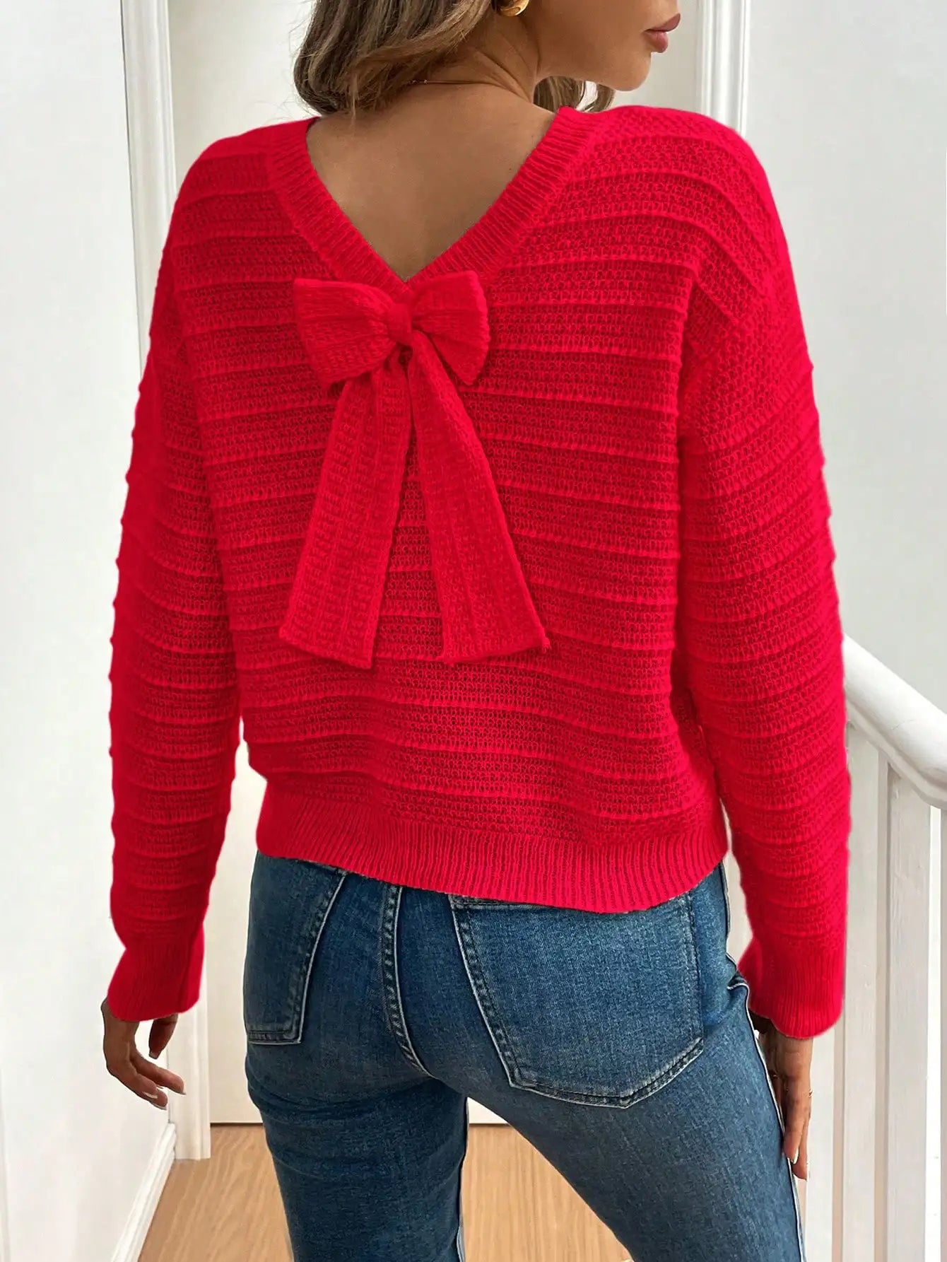 Sweaters - Ladies' casual elegant bow decoration shoulder sweater
