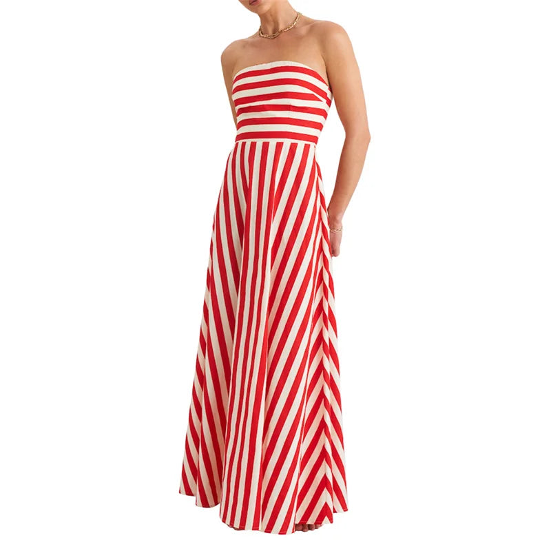 Strapless Dresses - Tube Dress for Women y2k Summer Striped Print Off Shoulder Strapless Sleeveless A Line Long Dress Beach Party Dresses