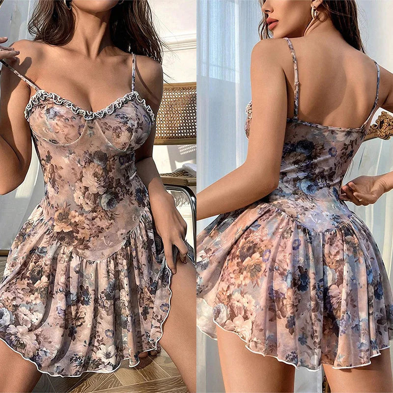 Babydolls - Babydolls Floral pleated camisole short skirt and nightgown Women pajama sexy lingerie for women push up adult sexy nights xxx