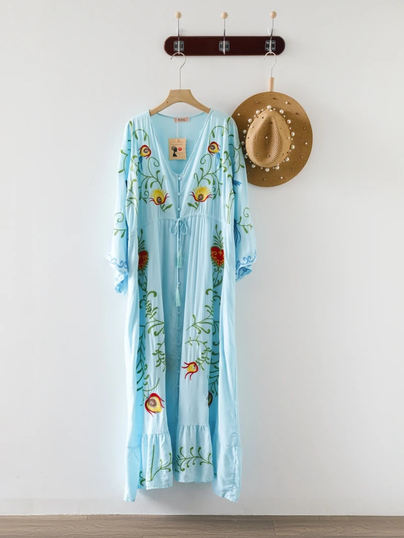 Kaftans - Jastie Embroidered Women Maxi Dress V-Neck Batwing Sleeve Loose Oversize Summer Dresses Drawstring Waist Boho Beach Vestidos