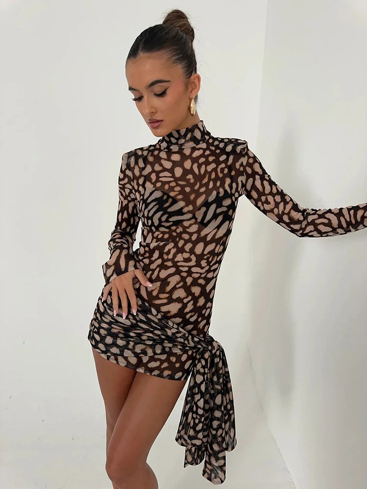 See-through Dresses - Mesh Leopard Print Sexy Mini Dress For Women Robe Fashion Turtleneck Draped Ruched High Waist Club Dress Vestido