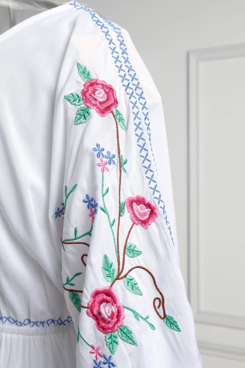 Kaftans - Jastie Embroidered Women Maxi Dress V-Neck Batwing Sleeve Loose Oversize Summer Dresses Drawstring Waist Boho Beach Vestidos