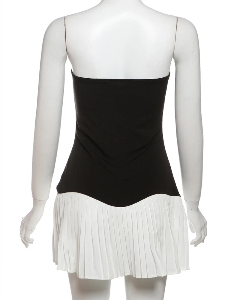 Mini Dresses - Black White Patchwork Dress Women Chest Wrap Backless Ruffles 2025 Y2K Sweet Girl Trend Chic Streetwear Mini Bodycon