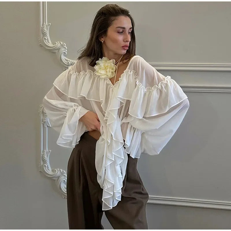 Blouses - Women's Chiffon Ruffle Shirts White Loose V-neck Lantern Sleeve See Through Blouses 2025 Spring Summer Lady Commute Outwears