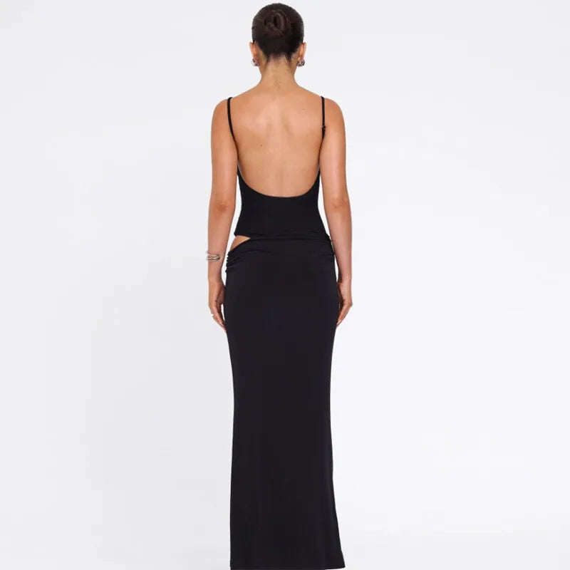 Party Dresses - Black Sexy Dress Sets Women Spaghetti Strap Bodysuit And Maxi Skirt Matching Sets Backless Slim Fit Long Skirt Set