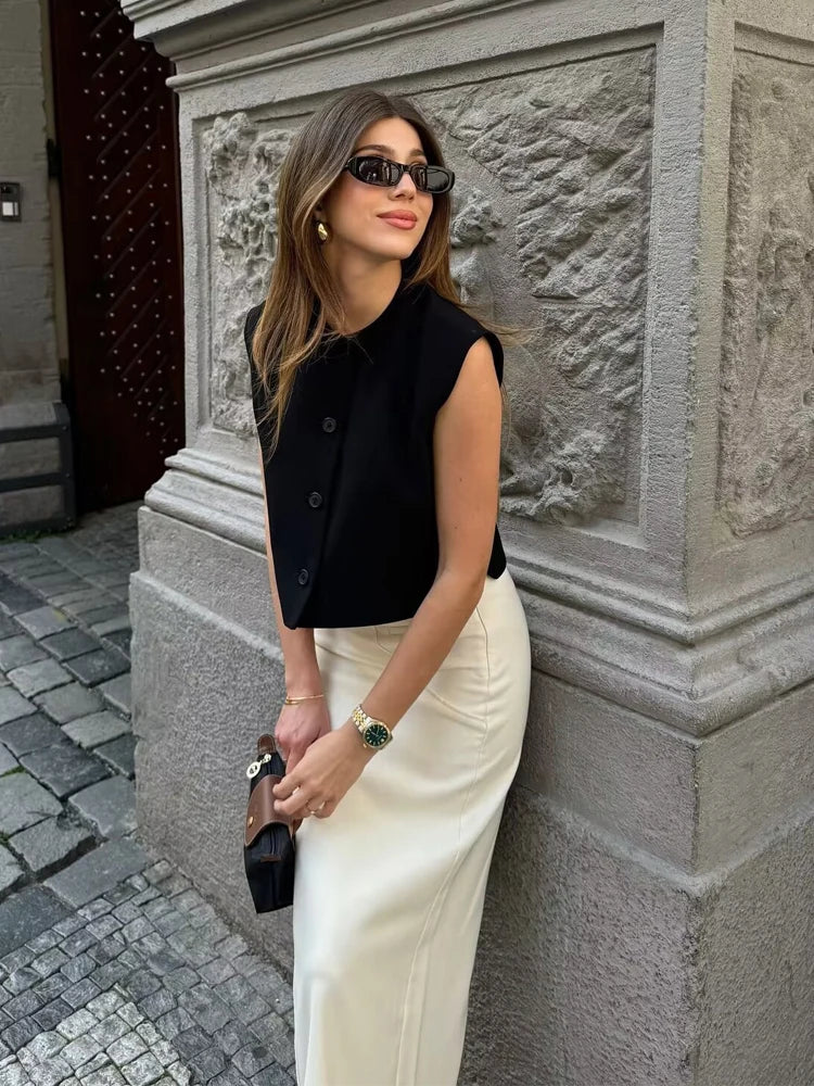 Crop Blouses - Women 2024 Red White Black Vest Korean Sleeveless Vest Woman Top Cardigan