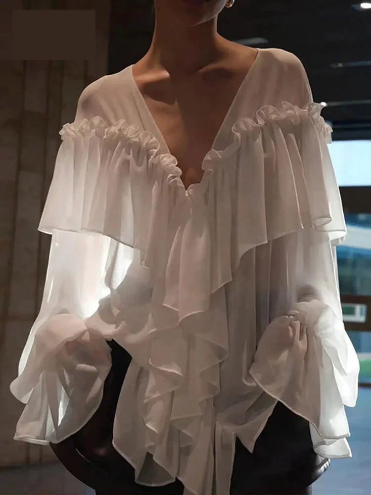 Blouses - Women's Chiffon Ruffle Shirts White Loose V-neck Lantern Sleeve See Through Blouses 2025 Spring Summer Lady Commute Outwears