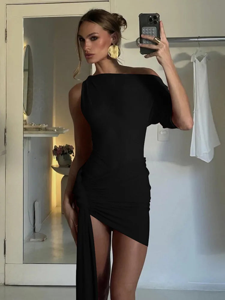Asymmetric Dresses - Oblique Shoulder Backless Irregular Sexy Mini Dress For Women Fashion Sleeveless Draped Ruched Club Dress Elegant