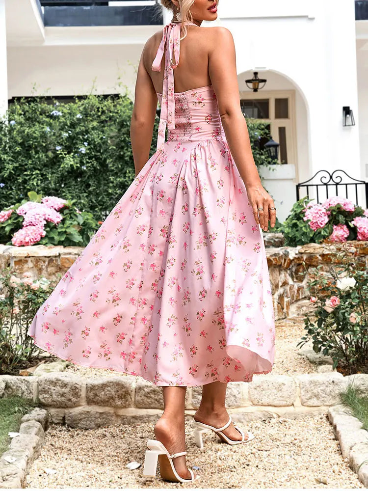 Floral Dresses - Women's Halter Backless Print Floral Midi Corset Dress Spaghetti Straps Tie Up Fashion Casual Holiday Long Dresses Pink