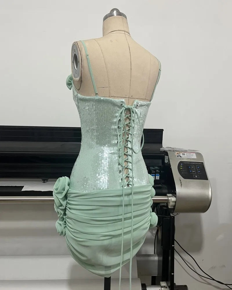 Elegant Dresses - Sexy Spaghetti Strap Backless Prom Dresses for Women Luxury 2025 Summer Sequins Flower Lace-up Pleated Mini Dress Elegant Gowns