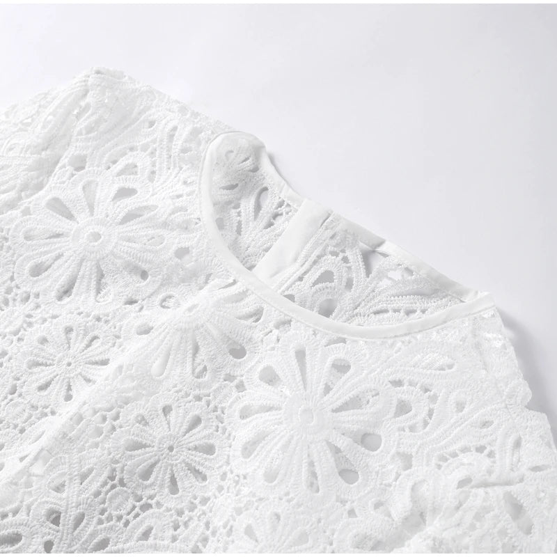 Matching Sets - Elegant See Through Crochet Top Women Set Hallow Out Flare Long Sleeve Top Slim Empire Hip Package Skirts 2025 Summer Lady Set