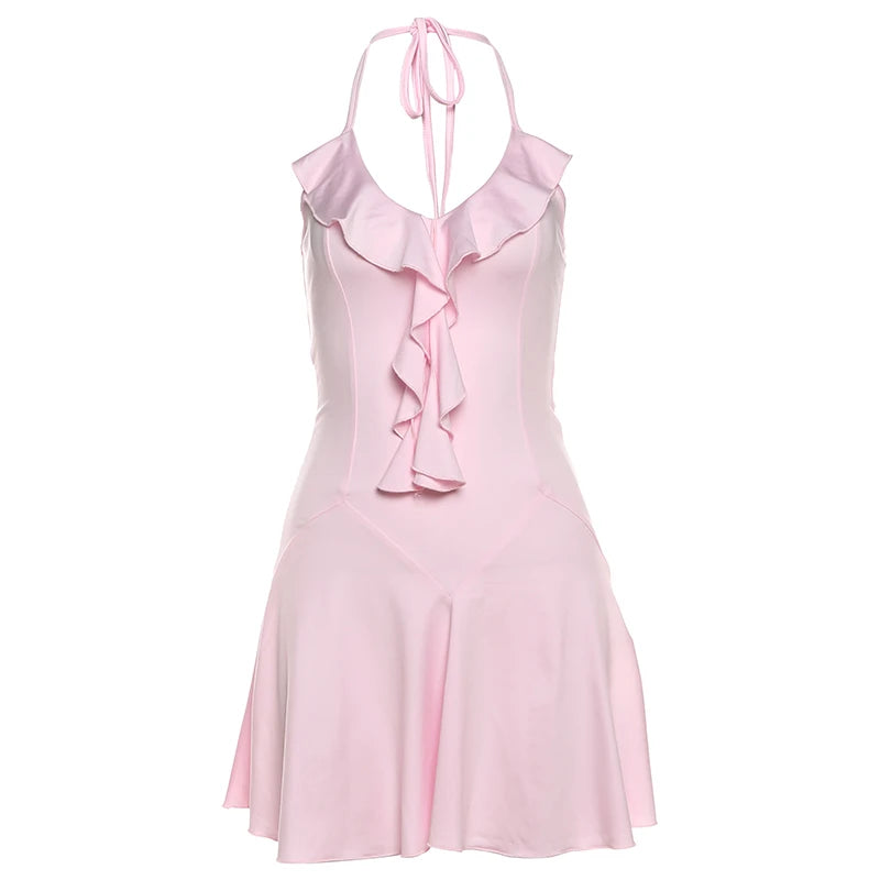 Party Dresses - Halter Ruffles V-Neck Dress Women Backless Elegant Sexy Summer Fashion V-Neck Solid Birthday Party Clubwear Mini Bodycon