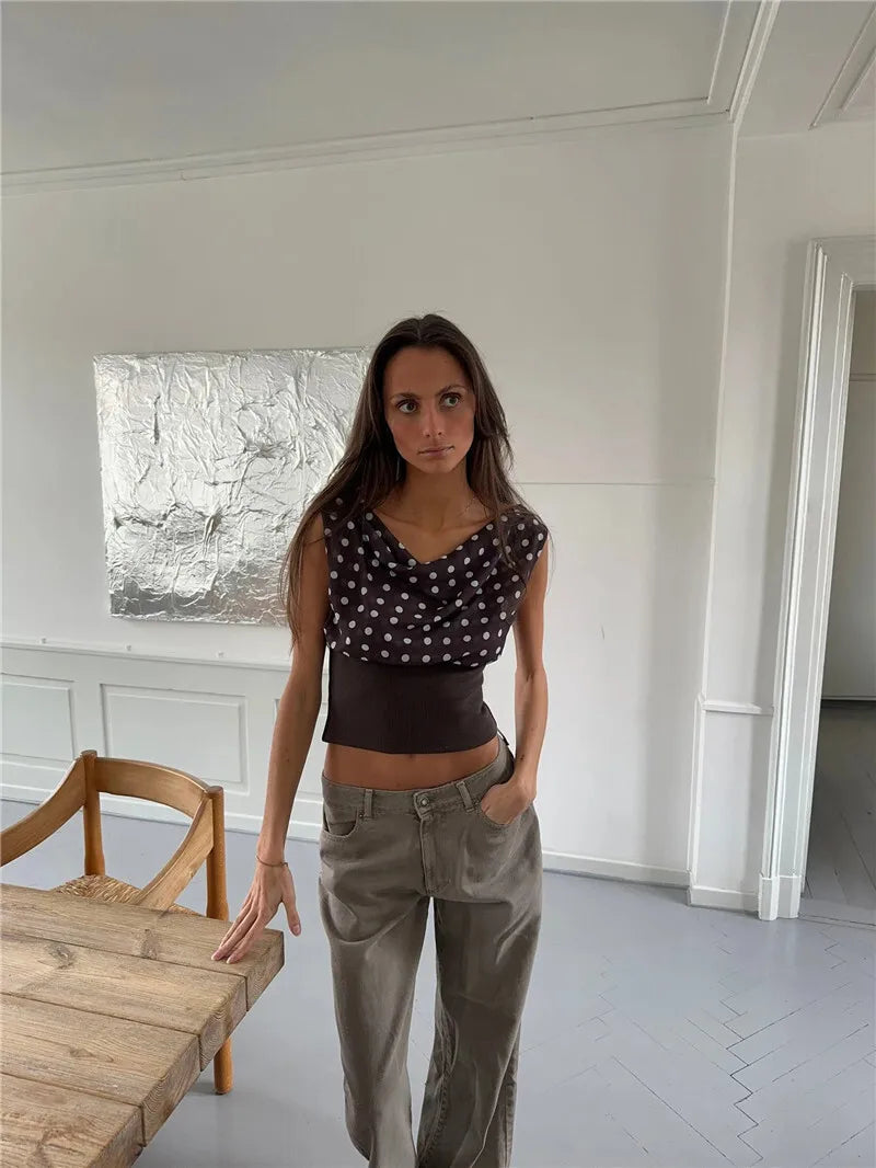 Crop Blouses - Backless Polka Dot Crop Tops Women Vest Fashion Summer New Oblique Shoulder Sleeveless Tank Tops Pullovers Female