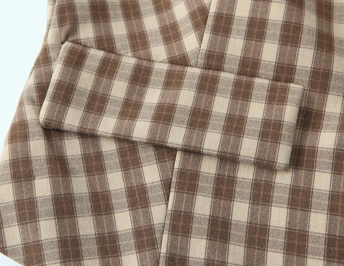 Skirts set - TRAFZA Women 2 Piece Set Elegant Plaid O-Neck Single Breasted Pocket Decorate Vest Top+Chic Zipper Pleated Slim Mini Culottes