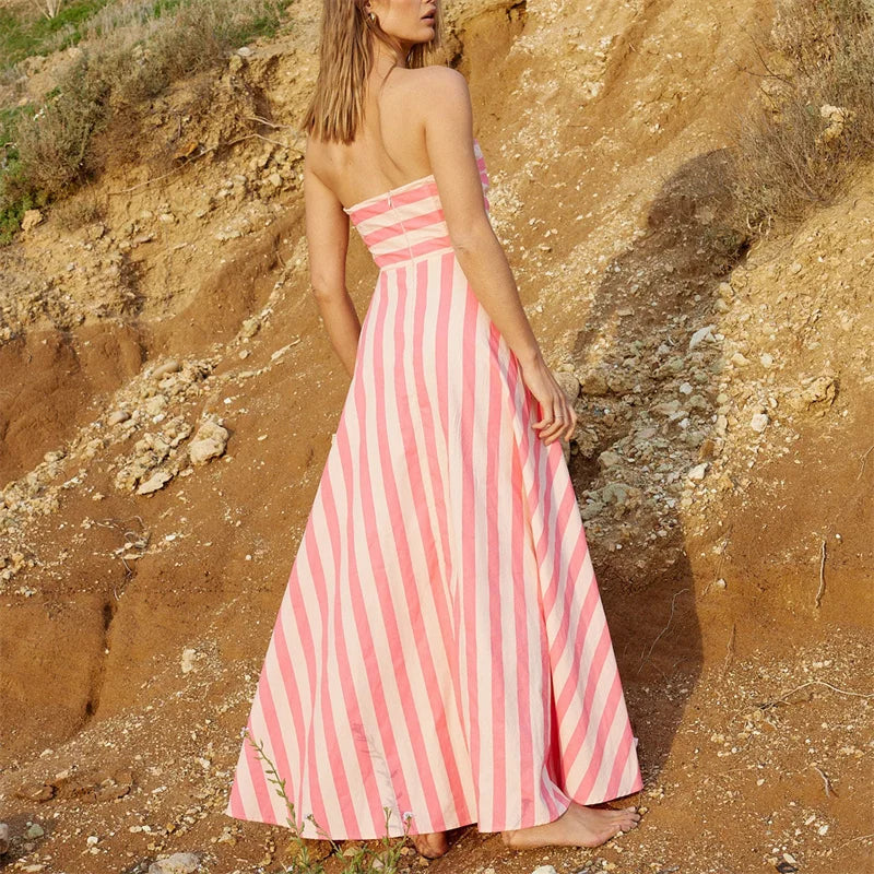 Strapless Dresses - Tube Dress for Women y2k Summer Striped Print Off Shoulder Strapless Sleeveless A Line Long Dress Beach Party Dresses