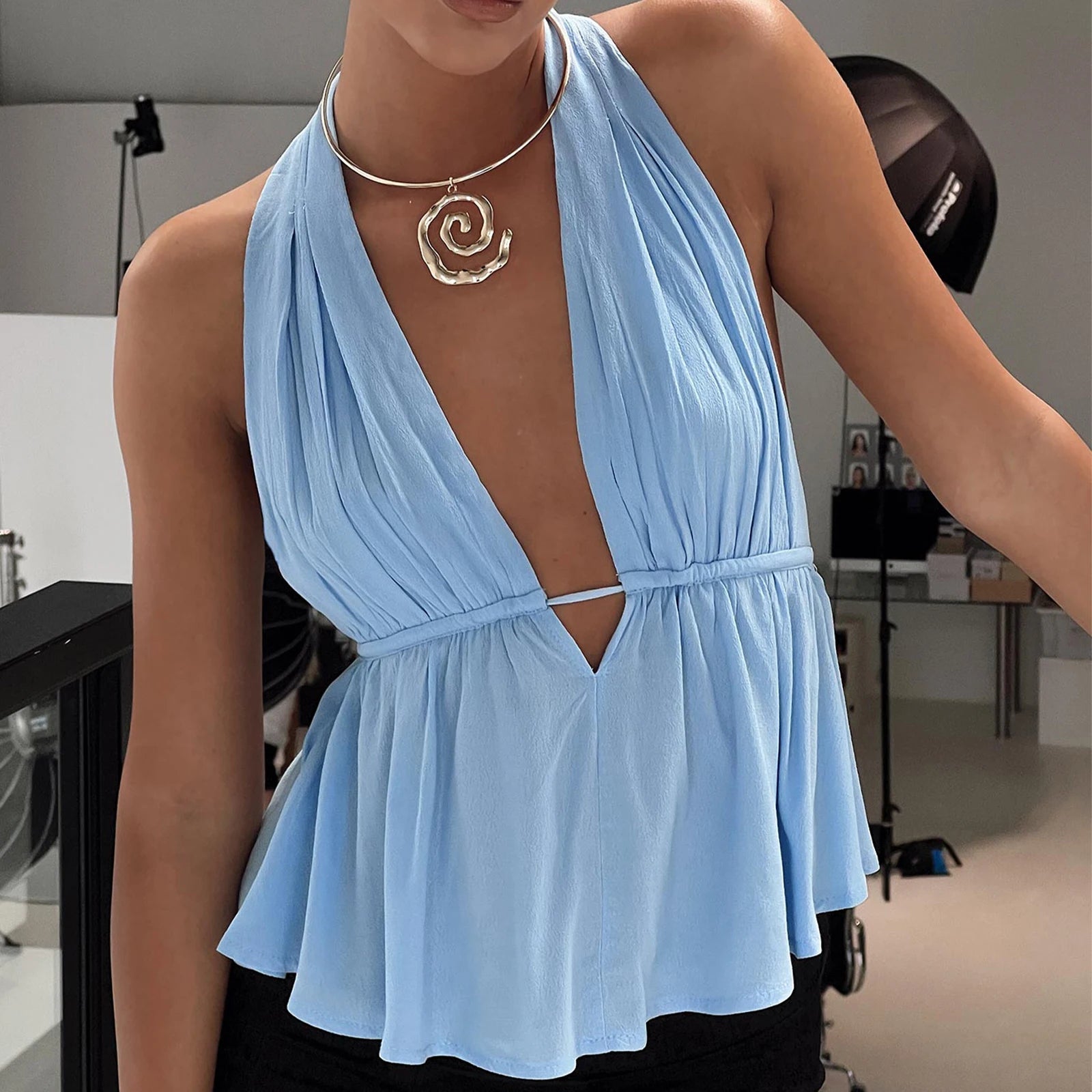 Sleeveless Blouses - Women Halter Neck Crop Tops Sexy Tie-up Sleeveless Backless Tank Tops Solid Color Summer Vest Female Camisoles for Club Party