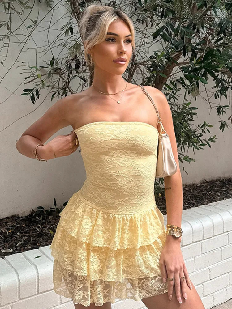 Tube Dresses - Off-shoulder Strapless Sexy Mini Dress For Women Elegant Lace Sleeveless Backless High Waist Pleated Cake Dress