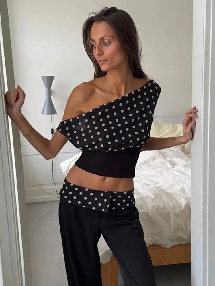 Crop Blouses - Backless Polka Dot Crop Tops Women Vest Fashion Summer New Oblique Shoulder Sleeveless Tank Tops Pullovers Female