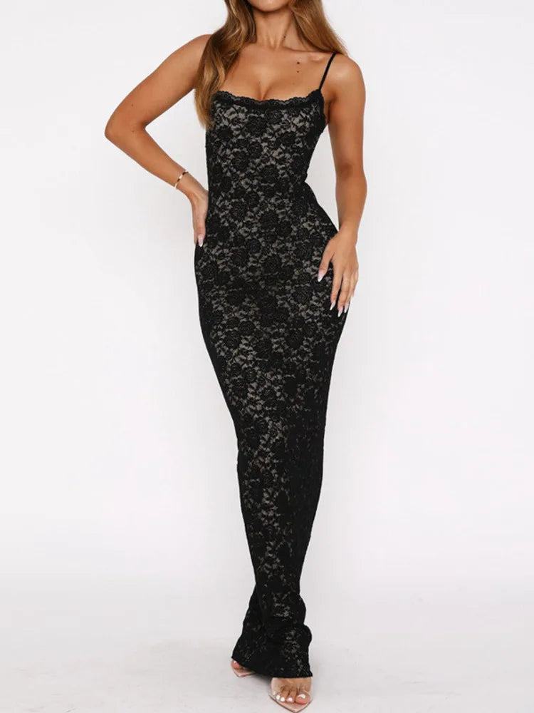 Elegant Dresses - Black Lace Sexy Maxi Dress For Women Slipdress Spaghetti Strap Sleeveless Backless High Waist Bodycon Club Long Dress
