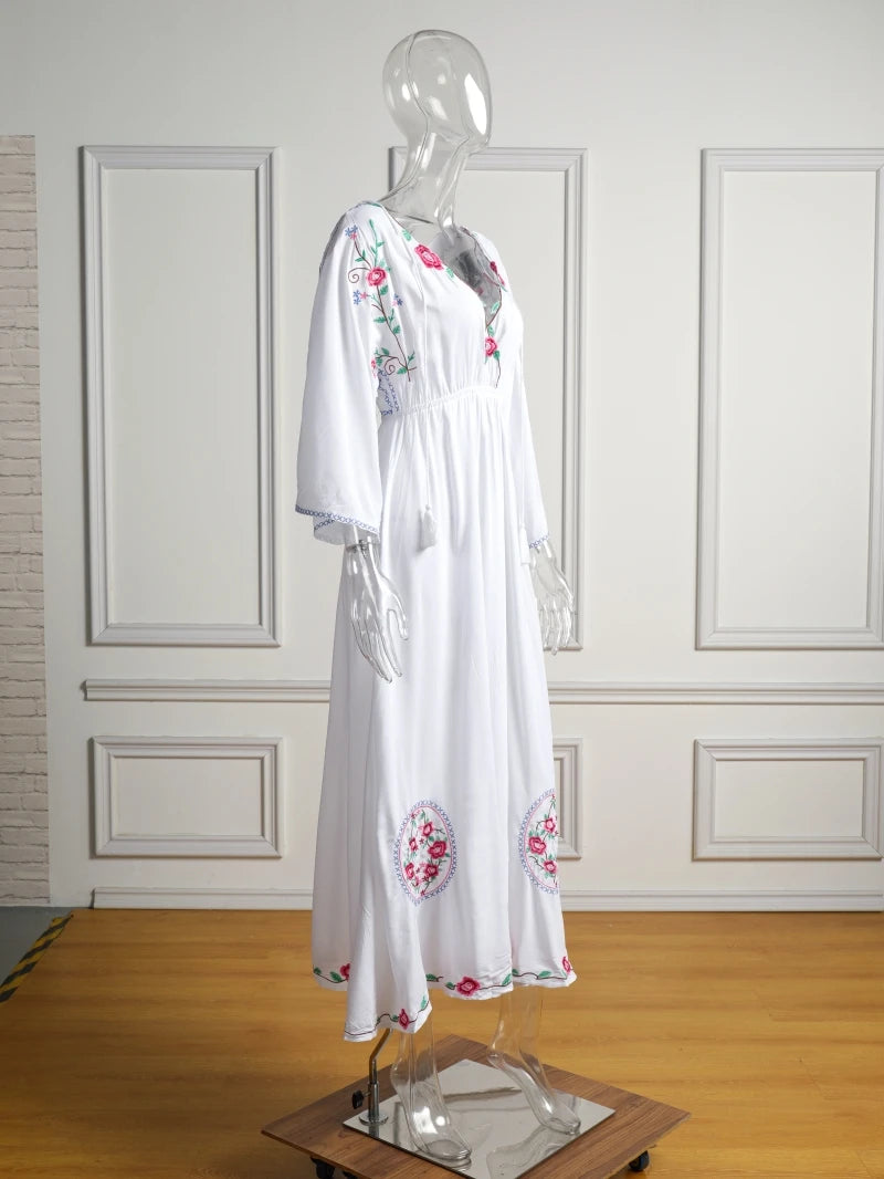 Kaftans - Jastie Embroidered Women Maxi Dress V-Neck Batwing Sleeve Loose Oversize Summer Dresses Drawstring Waist Boho Beach Vestidos