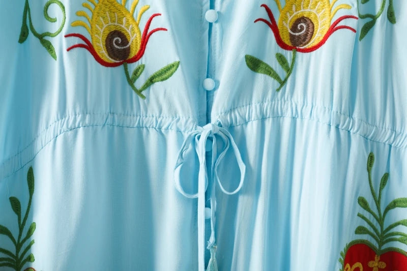 Kaftans - Jastie Embroidered Women Maxi Dress V-Neck Batwing Sleeve Loose Oversize Summer Dresses Drawstring Waist Boho Beach Vestidos