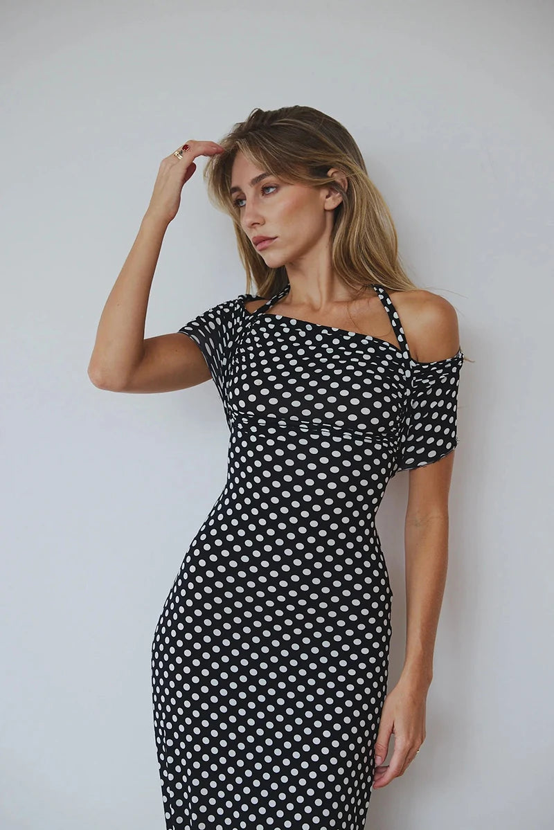 Halter Dresses - Off-shoulder Polka Dot Maxi Dress For Women Gown Fashion Halter Sleeveless Backless bodycon Split Long Dress Elegant