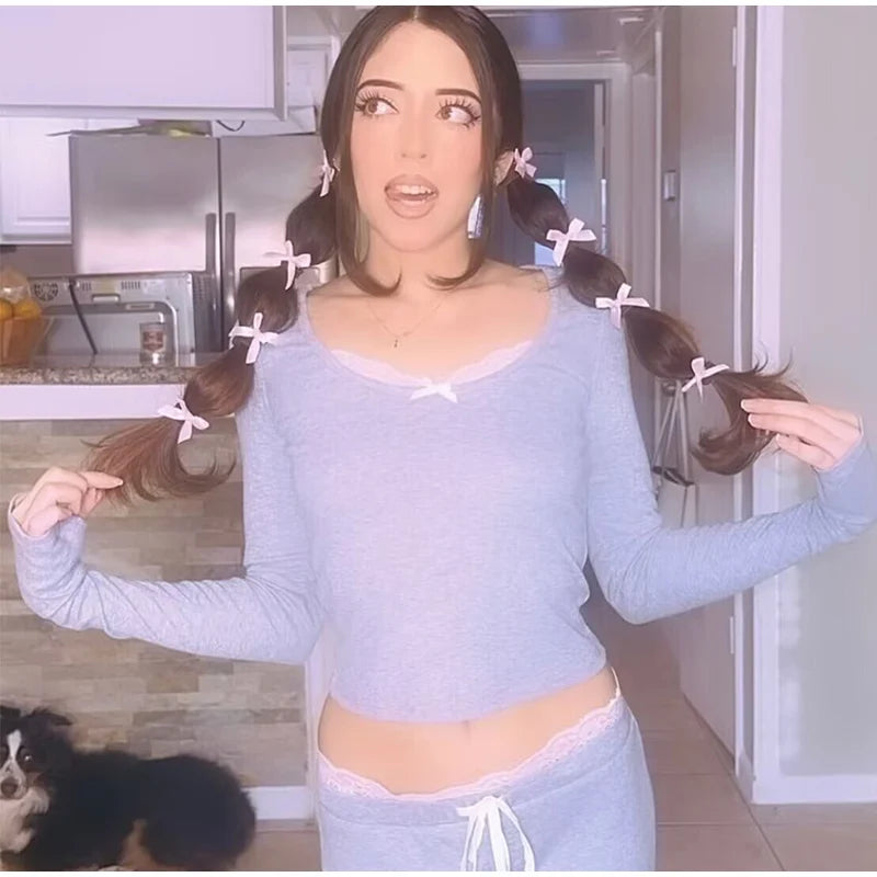 Loungewear - Women Lace Top Pant Suit Casual Bow Lace Up Patchwork Blouse Loose Elastic Waist Trouser Female Sets 2025 Spring Lady Streetwear