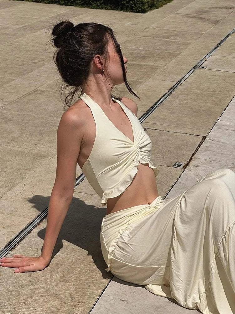 Skirt Sets - Ruched Elegant 2 Piece Set Women Halter Backless Crop Camisole+Elastic Waist Ruffles Long Skirts Street Trend Suits
