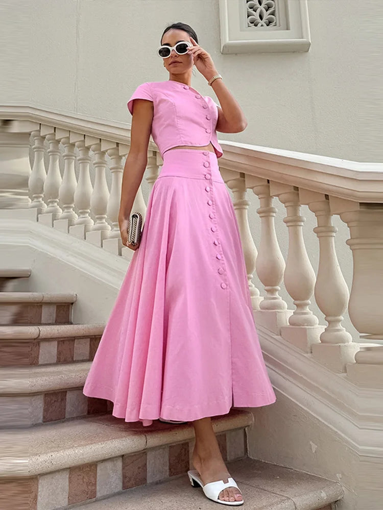 Skirt set - Women Vest Skirt Suit Solid O-neck Single Breasted Short Sleeve Short Top Button Wide Leg Skirts Female Summer Lady Beach Wears