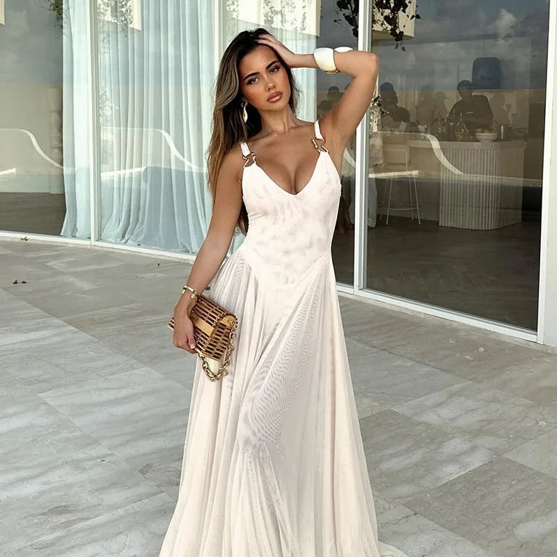See-through Dresses - White Mesh Pleated Evening Club Party Dress Women Robes Backless Elegant Sexy Dress Bodycon Long Summer Dress Vestidos