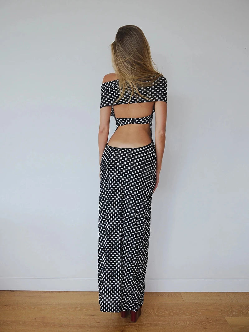 Halter Dresses - Off-shoulder Polka Dot Maxi Dress For Women Gown Fashion Halter Sleeveless Backless bodycon Split Long Dress Elegant