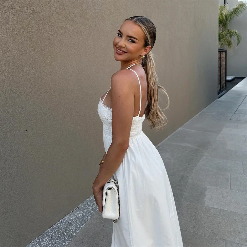 Vacation Dresses - Summer New Women's Fashion Style Slimming Sweet Solid Color Versatile Embroidered Lace Splicing Dress