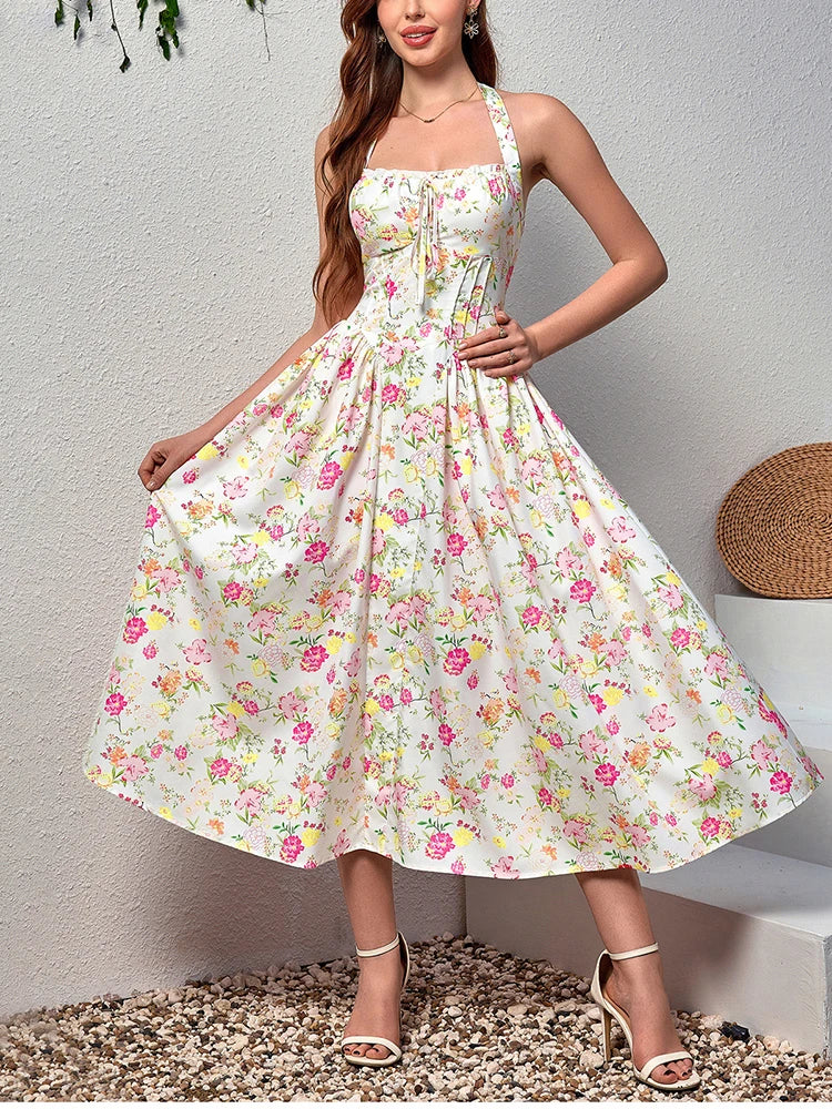 Floral Dresses - Women's Halter Backless Print Floral Midi Corset Dress Spaghetti Straps Tie Up Fashion Casual Holiday Long Dresses Pink