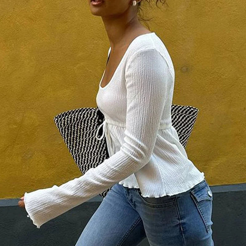 Peplum Tops - Autumn New T-shirt Women Streetwear Sexy Sheer Solid Top Fashion Lace-up Long Sleeves Crop O-Neck Casual Slim Versatile T-shirt