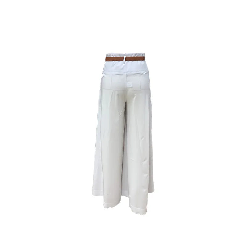 Wide-Leg Pants - Women Casual High Street Trousers with Belt Spring Summer High Waist Solid Color Fashion Pockets Loose Wide Leg Pants