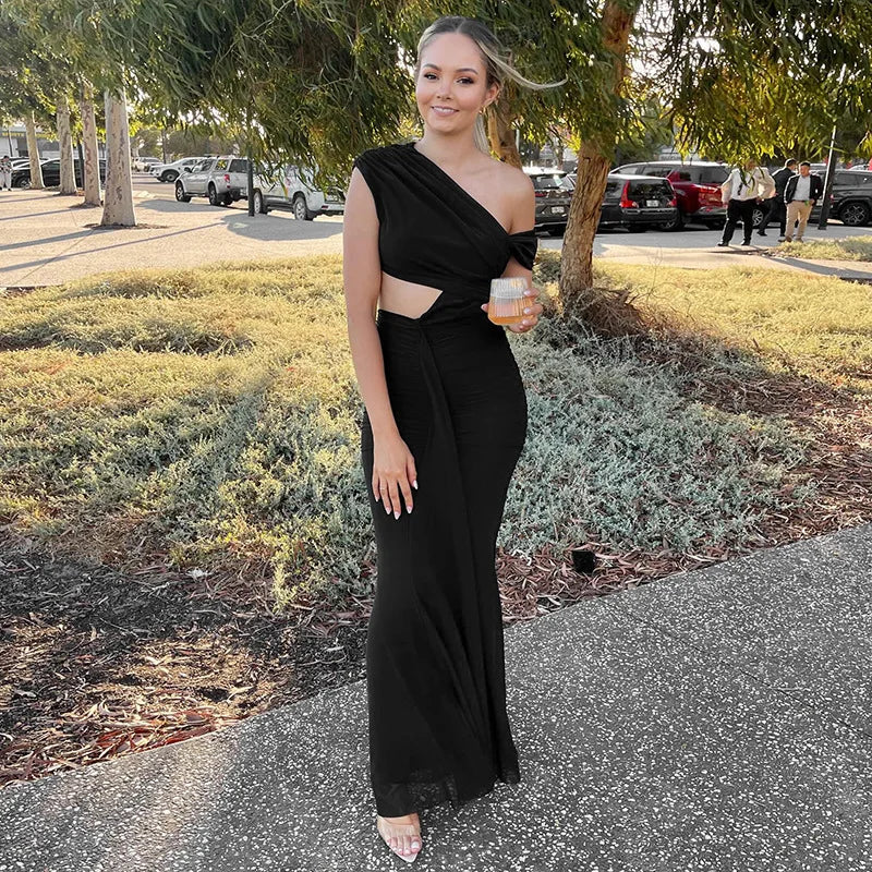 Elegant Dresses - Sexy Sleeveless Hollow Out Pleated Patchwork Maxi Dress For Women High Waist Off-shoulder Slim Club Party Long Dress