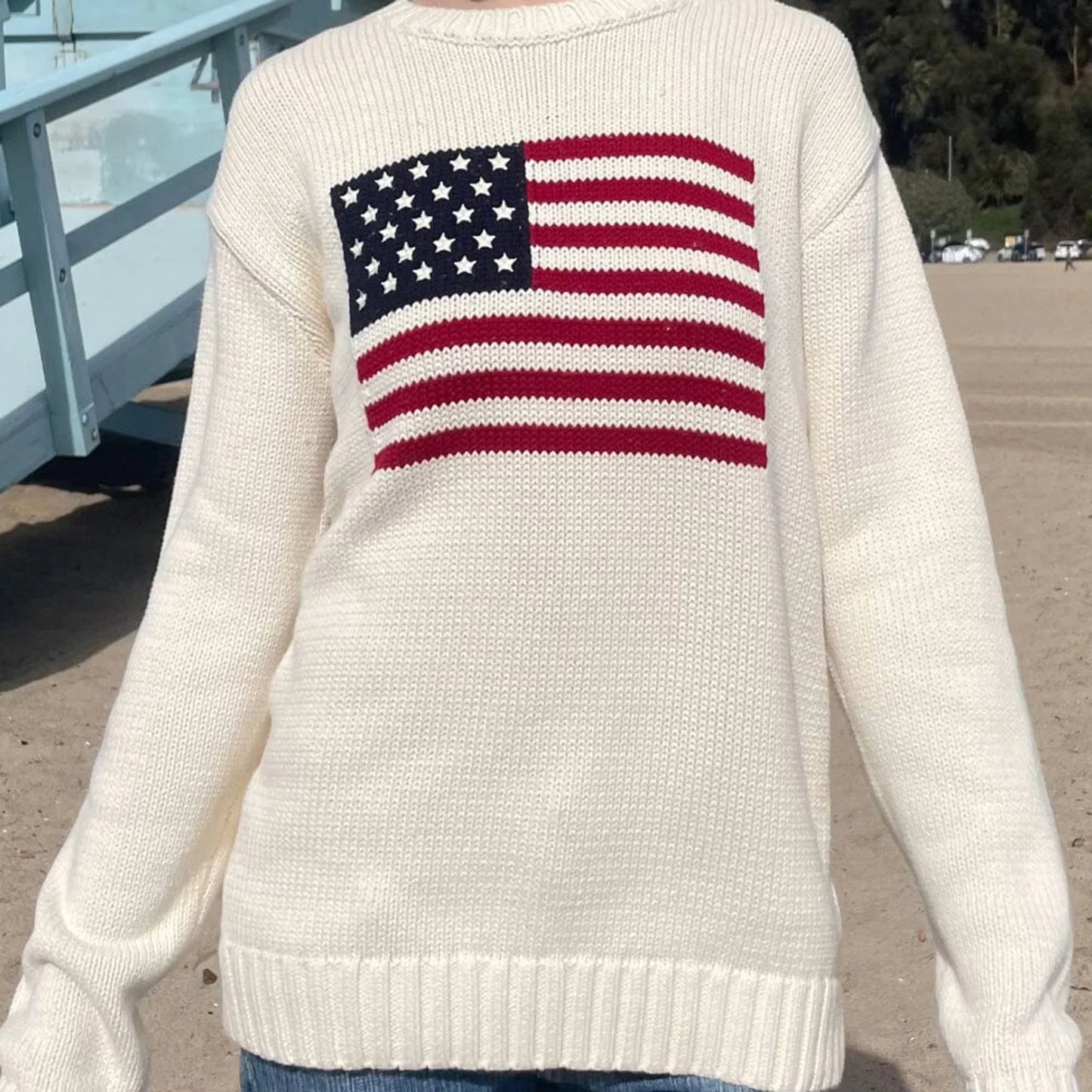 Sweaters - Puloru Women's Loose Fit Sweaters Fall Winter Casual Stars Stripe Flag Print Round Neck Long Sleeve Pullovers Knitted Jumpers