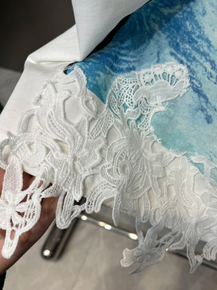 T-Shirts - Trendy New Items Women's Spliced Lace Print T-shirt 2024 Spring Fashion Round Neck Short Sleeves Tops Female 11XX8901