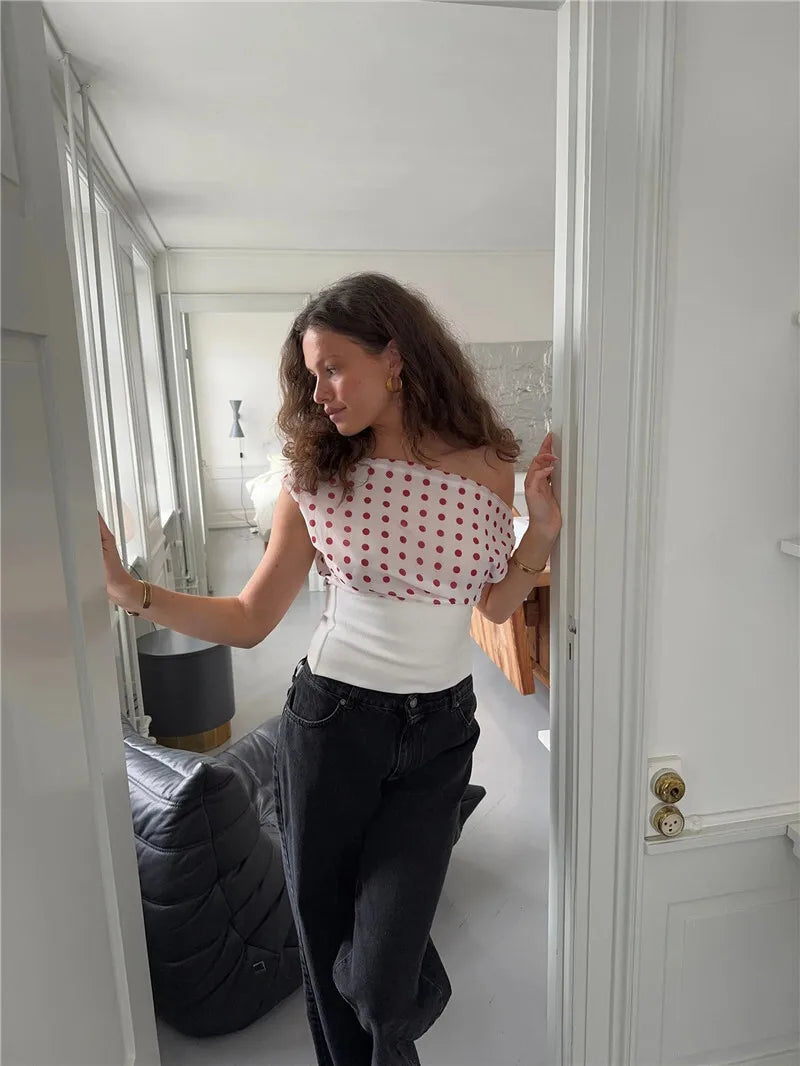 Crop Blouses - Backless Polka Dot Crop Tops Women Vest Fashion Summer New Oblique Shoulder Sleeveless Tank Tops Pullovers Female