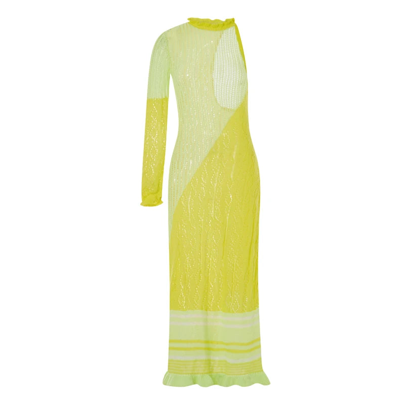 Beach Dresses - Contrast Color Hollow-Out Knit Beach Long Dress 2023 Summer See-Through One-Shoulder Long Sleeve Halter Tie-up Cover-Ups Dress